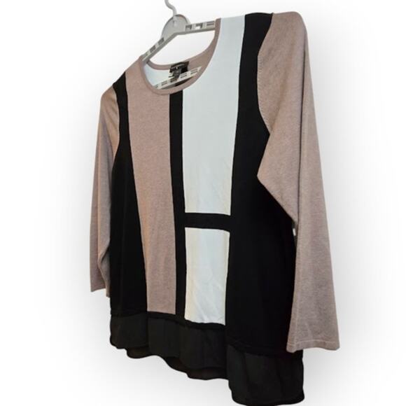 Investments II Women’s 2X Colorblock Long Sleeve Top Black Beige Tan - Picture 5 of 8